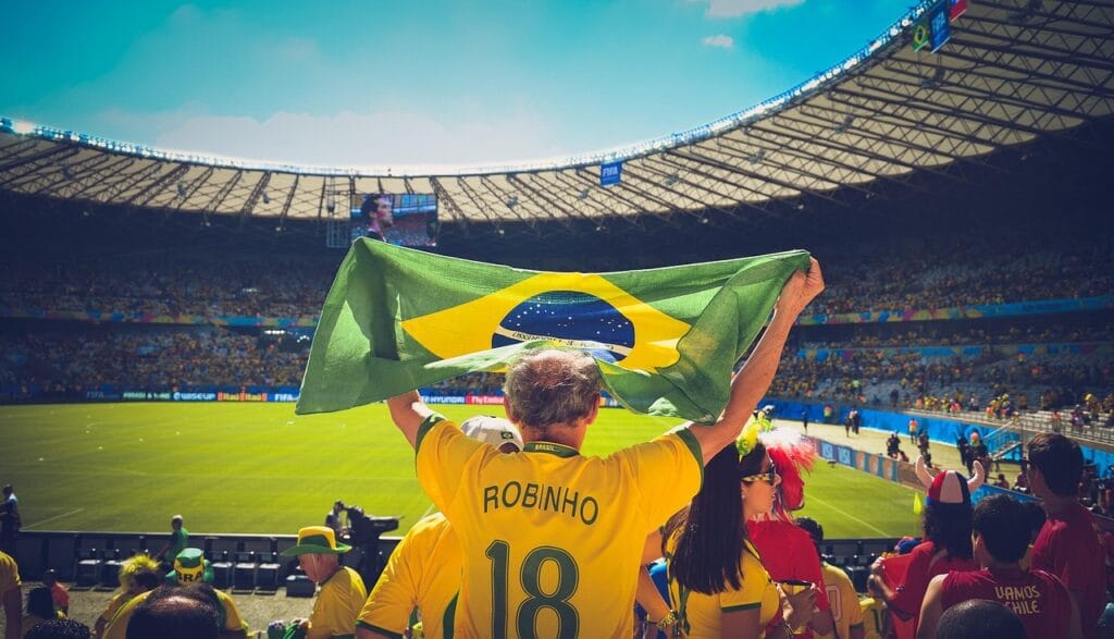 people, soccer, stadium, crowd, audience, sports, flag, game, match, football, brazil flag, cheering, brazil, brazilian, championship, soccer field, world cup, robinho