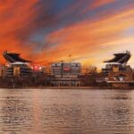pittsburgh, heinz field, nfl, stadium, city, football, sports, skyline, sky, nature, clouds, sunrise, river, water, brown football