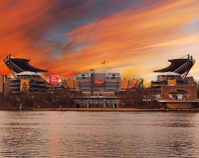 pittsburgh, heinz field, nfl, stadium, city, football, sports, skyline, sky, nature, clouds, sunrise, river, water, brown football