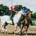 A thrilling horse race featuring a jockey in action and a trainer at a racetrack on a sunny day.