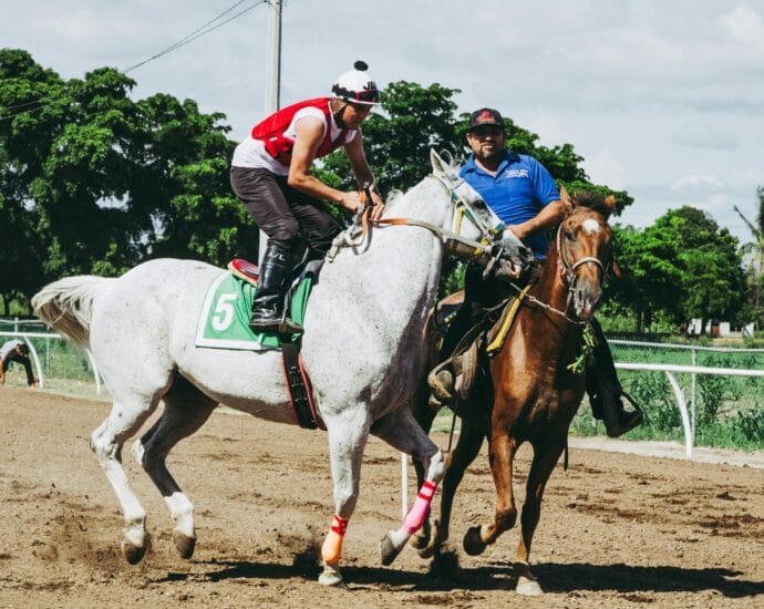 A thrilling horse race featuring a jockey in action and a trainer at a racetrack on a sunny day.