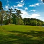 Beautiful golf course surrounded by trees and lake under a clear blue sky.