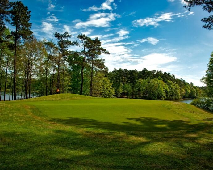 Beautiful golf course surrounded by trees and lake under a clear blue sky.