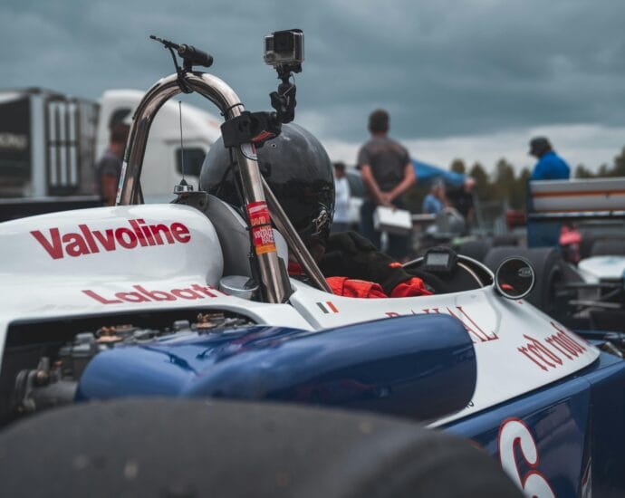 Close-up view of a racer in a Formula car at Mont-Tremblant. Motorsport excitement captured.