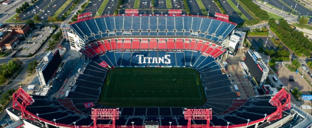 Aerial shot of the empty Nissan Stadium, home to the Tennessee Titans in Nashville.