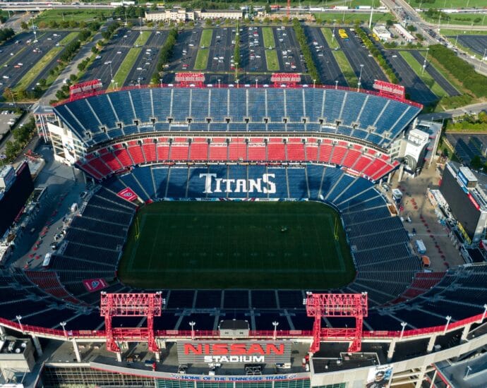 Aerial shot of the empty Nissan Stadium, home to the Tennessee Titans in Nashville.