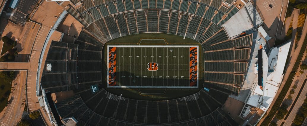Aerial photograph of an empty football stadium in Cincinnati, Ohio, with a clear view of the field.