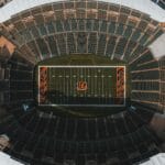 Aerial photograph of an empty football stadium in Cincinnati, Ohio, with a clear view of the field.