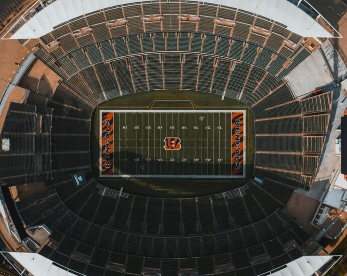 Aerial photograph of an empty football stadium in Cincinnati, Ohio, with a clear view of the field.