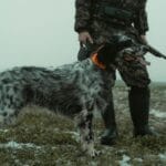 A hunter with a hunting dog stands on a snowy field, showcasing outdoor adventure.