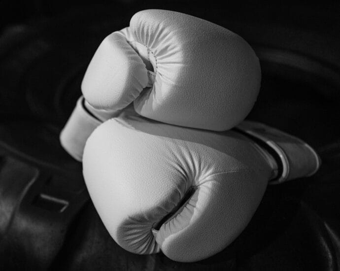 Elegant monochrome close-up of white boxing gloves symbolizing strength and courage.
