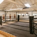 Interior view of a spacious boxing gym featuring a central ring and multiple heavy punching bags.