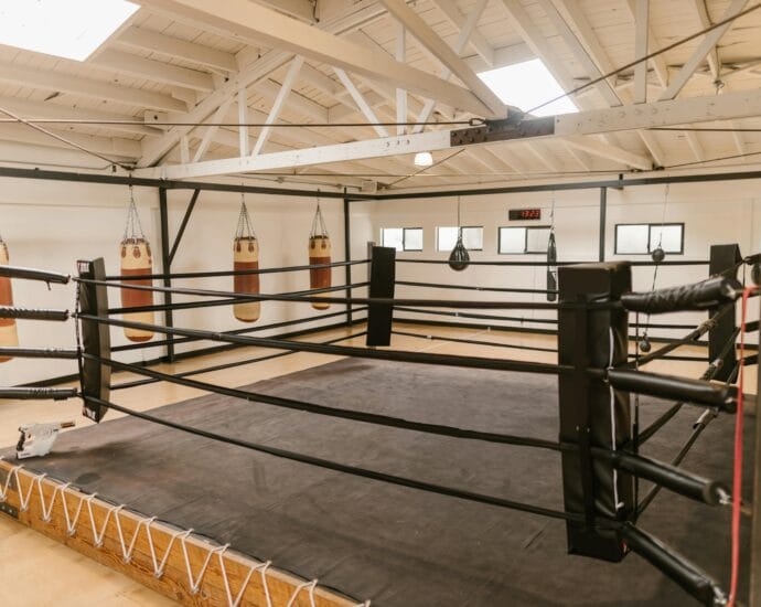 Interior view of a spacious boxing gym featuring a central ring and multiple heavy punching bags.